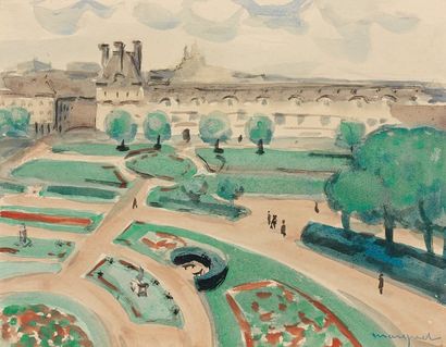 Albert MARQUET (1875-1947) Les jardins des Tuileries. Aquarelle sur carton, signé...