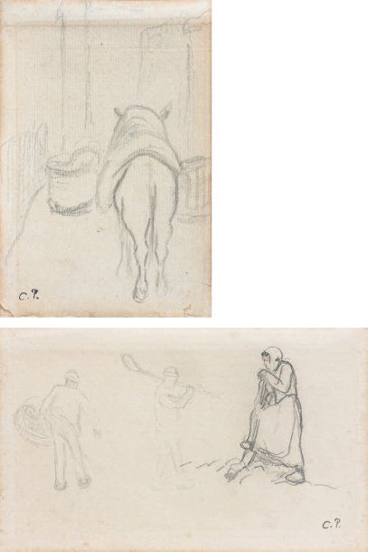 Camile PISSARRO (1830-1903) Dans un même montage, deux dessins : - Âne bâté. Fusain,...