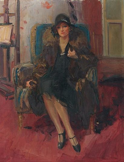 Guy SÉRADOUR (né en 1922) Portrait de jeune femme au chapeau. Huile sur toile, signée...