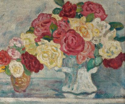 Louis VALTAT (1869-1952) Deux bouquets de roses dans deux vases. Huile sur toile,...