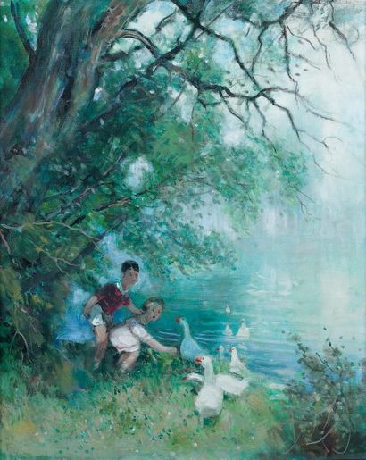 Jules-René HERVÉ (1887-1981) Enfants et oies au bord d'une rivière. Huile sur toile,...