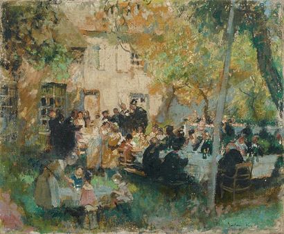 Jules-René HERVÉ (1887-1981) Repas de noce en plein air. Huile sur toile, signée...