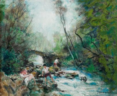 Jules-René HERVÉ (1887-1981) Enfants jouant auprès d'une rivière. Huile sur toile,...