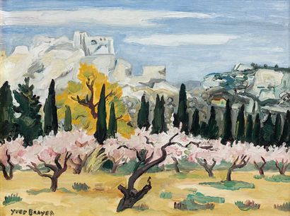 Yves BRAYER (1907-1990) Amandiers en fleurs aux Baux. Huile sur toile, signée en...