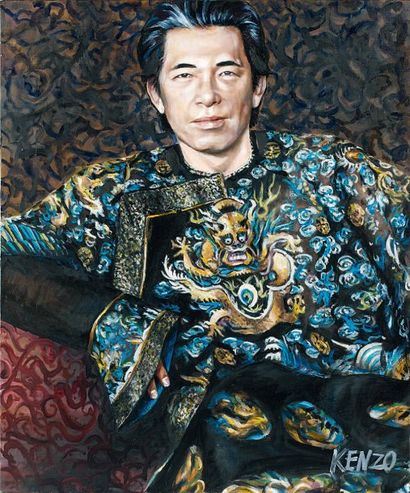Kenzo TAKADA dit KENZO (né en 1939) Autoportrait (?) au kimono au dragon de feu....