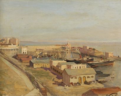Maxime NOIRÉ (1831-1927) Vue du port d'Alger. Huile sur panneau, signé en bas à droite....