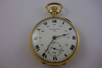 LIP Montre chronomètre en or jaune (750), cadran émaillé blanc à index chiffres romains...