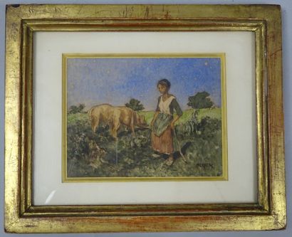 Louis Adolphe HERVIER (1818-1879) Jeune paysanne et cochons dans un champ.

Encre...