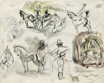 Jules PINCAS dit PASCIN (1885-1930) 
Attelages à Cuba, 1916.
Dessin à l'encre rehaussé...