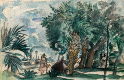 Jules PINCAS dit PASCIN (1885-1930) 
Mère et son enfant sous les palmiers.
Aquarelle...