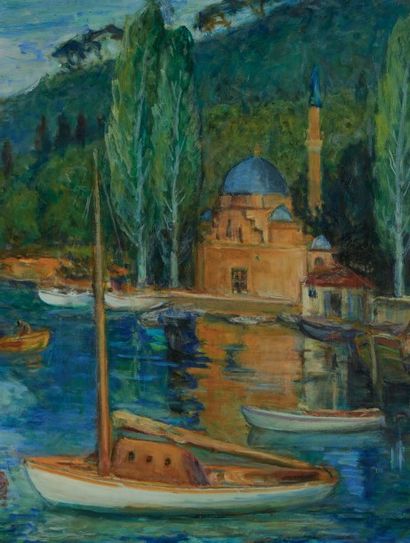 Ibrahim ÇALLI (1882-1960) 
Bateaux de plaisance à Bebek, Istanbul.
Huile sur toile...