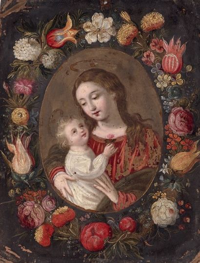 Ecole de Andries DANIELSZ (Anvers 1602 - id.; 1640) Guirlande de fleurs avec la Vierge...
