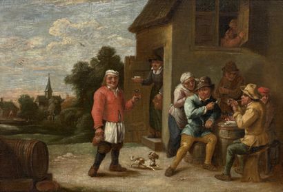 Ecole de David II TENIERS dit le Jeune (1610-1690) Buveur à la porte de la taverne,...