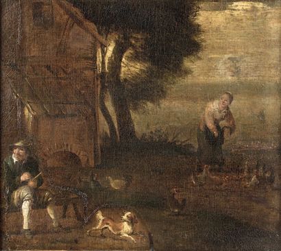 École de David II TENIERS dit le Jeune (1610 - 1690) Paysans dans une cour de ferme.
Huile...