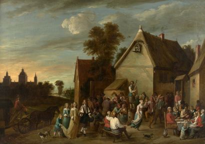 D'après David II TENIERS dit le Jeune (1610-1690) Fête de village avec un couple...