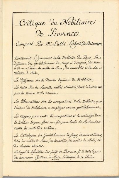BRIANÇON (Abbé Robert de) Critique du Nobiliaire de Provence.
Manuscrit du XVIIIe...