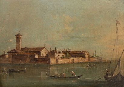 Attribué à Giacomo GUARDI (Venise 1764-id. 1835) Vue de la lagune avec l'île du Lazaret.
Huile...