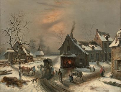 Claude MALBRANCHE (1790-1838) Village sous la neige.
Huile sur toile, signature possiblement...