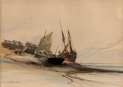 Eugène ISABEY (1804-1886) Bateaux à marée basse.
Aquarelle et gouache sur papier.
Signé...