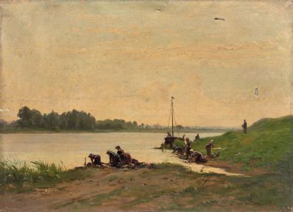 AUGUSTE ANASTASI (1820-1889) Lavandière au bord d'une rivière.
Huile sur toile.
Signée...