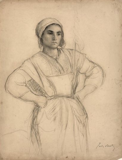 Jules BRETON (1827-1906) Etude de paysanne (Marguerite Moreau).
Dessin au fusain...