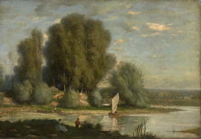 Attribuée à Charles-François DAUBIGNY (1817- 1878) Voilier sur la rivière.
Huile...