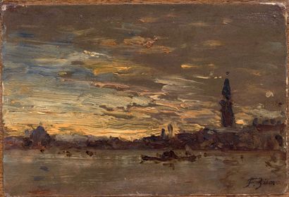Félix ZIEM (1821-1911) Crépuscule sur San Gorgio.
Huile sur papier marouflé sur panneau,...