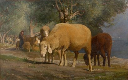 Luigi Chialiva (1842-1914) Bergère et ses moutons.
Huile sur toile.
Signée et datée...