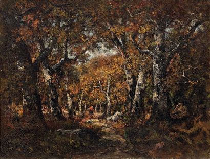 Attribuée à Raphaël GOURDON (1852-1924) Fagoteuse dans les bois.
Huile sur toile.
Trace...
