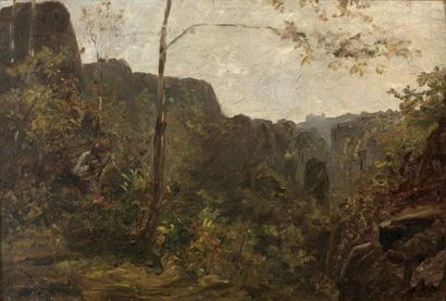 Paul HUET (1803-1869) Rochers de Mortain à l'automne (Manche).
Huile sur panneau.
Titré,...