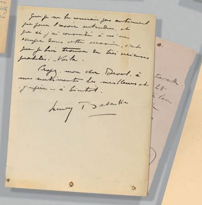 BATAILLE (Henry) 
Lettre autographe, signée à Mr Deval; 2 pages ½ in- 8; pet. trous...