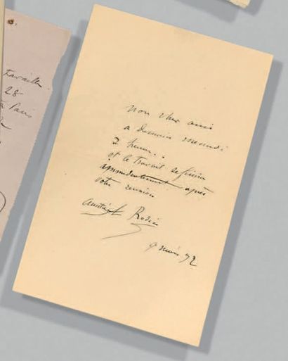 RODIN (Auguste) 
Billet autographe, signé à un ami.
9 Mars 1892; une page in-12.
«A...