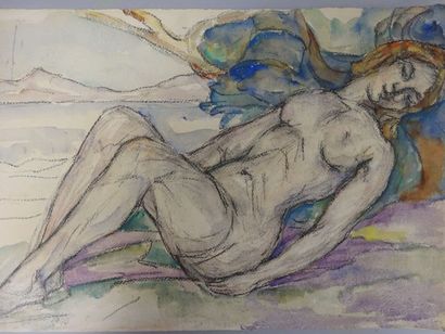 Mania MAVRO (1889-1969) 

Femme nue allongée. 

Fusain et aquarelle sur papier. 

Signée...