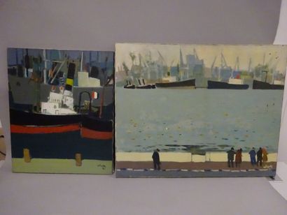 Claude Aliotti (1925-1989) 

Paquebot et port. 

Deux huiles sur toile. 

Signées...