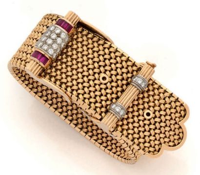 A.F. SOUTEYRAND Bracelet ceinture en or jaune (750) et platine (950) à maille ruban...