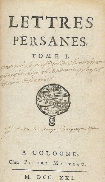 MONTESQUIEU. 

Lettres persanes. A Cologne, chez Pierre Marteau, 1721, 2 tomes rel....