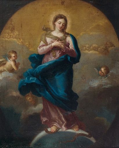 ECOLE FRANCAISE du XVIIIème siècle La Vierge de l'Immaculée Conception. Huile sur...