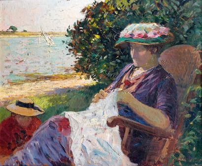 Paul-Emile LECOMTE (1877-1950) Femme assise à sa couture. Huile sur panneau, signé...