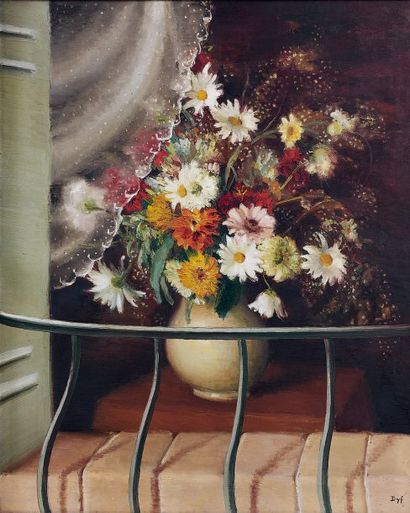 Marcel DYF (1899-1985) Bouquet de fleurs à la fenêtre, circa 1925. Huile sur toile,...