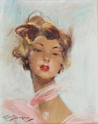 Jean-Gabriel DOMERGUE (1889-1962) Portrait d' une élégante. Huile sur carton, signé...