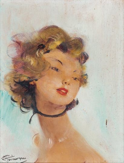 Jean-Gabriel DOMERGUE (1889-1962) Portrait d'une élégante. Huile sur carton, signé...