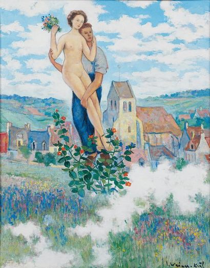 Imro WEINER-KRAL (1901-1976) Couple dans les nuages au-dessus d'un village, 1946....