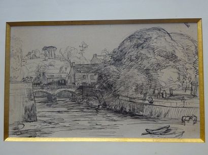 Ecole du XXème siècle. 

Pont sur la rivière.

Encre sur papier, trace de cachet...