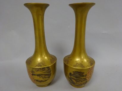 JAPON 


Paire de vases à long col évasé en laque doré. 


Epoque Meiji. 


H. :...