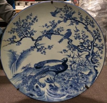 JAPON 
Grand plat circulaire en porcelaine à décor en camaïeu bleu d'un paon et d'un...