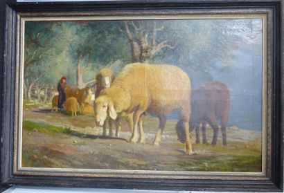 Luigi Chialiva (1842-1914) 


Bergère et ses moutons. [18]60.


Huile sur toile.


Signée...