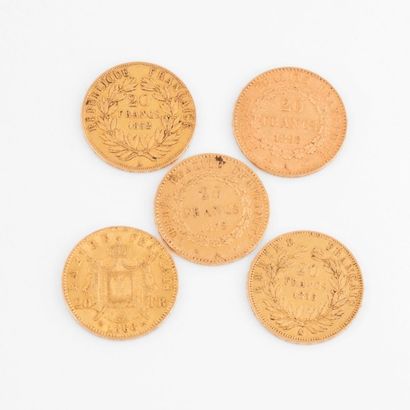 null Lot de 5 pièces de 20 francs or 1852, 1856, 1868, 1878, 1898. 

Poids total...