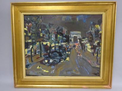 Yvette ALDE (1911-1967) 

"Avenue des Champs-Élysées la nuit". 1958.

Huile sur toile....