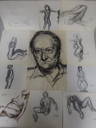 Paul HUBAY (1930-1994). 

Etudes de nus. 

Ensemble de 10 dessins sur papier, 9 à...