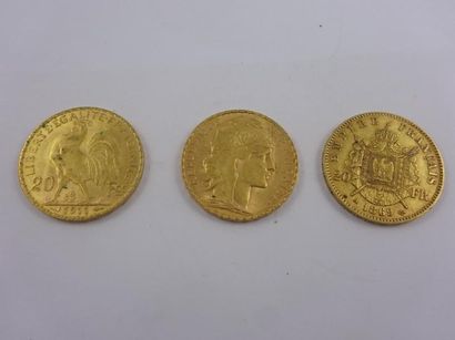 null Trois pièces de 20 Francs Or. 

Paris, 1869. 1910 et 1911.

Poids total : 19,20...
